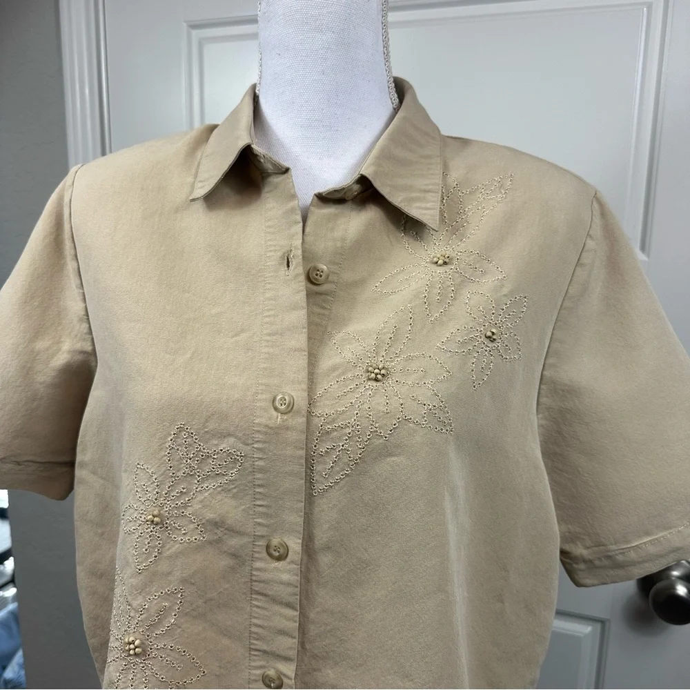 Vintage Alfred Dunner Linen Blend Embroidered Floral Beaded Button Down Size 10P